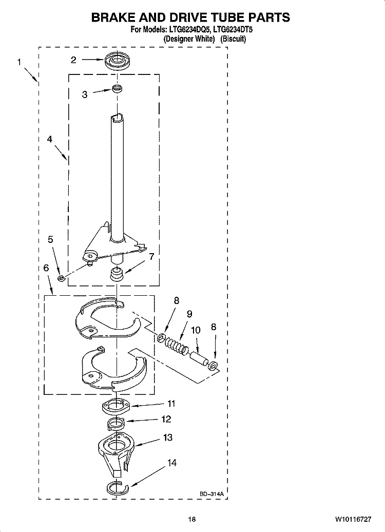 BRAKE AND DRIVE TUBE PARTS Diagram and Parts List for LTG6234DQ5  Whirlpool Washer Dryer Combo