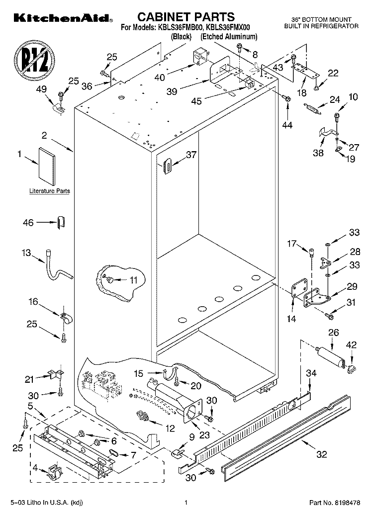 CABINET PARTS Diagram and Parts List for KBLS36FMX00  KitchenAid Refrigerator