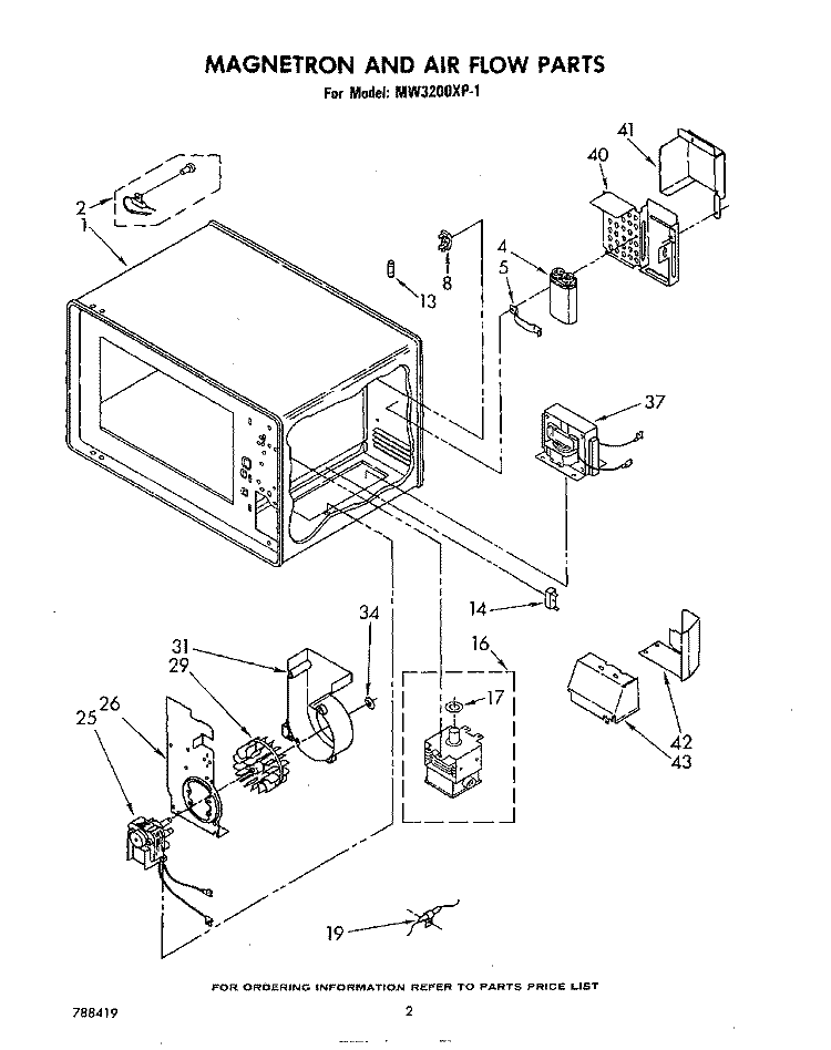 MAGNETRON AND AIR FLOW Diagram and Parts List for MW3200XP1  Whirlpool Microwave