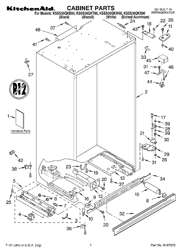 CABINET, LITERATURE Diagram and Parts List for KSSS36QKT00  KitchenAid Refrigerator