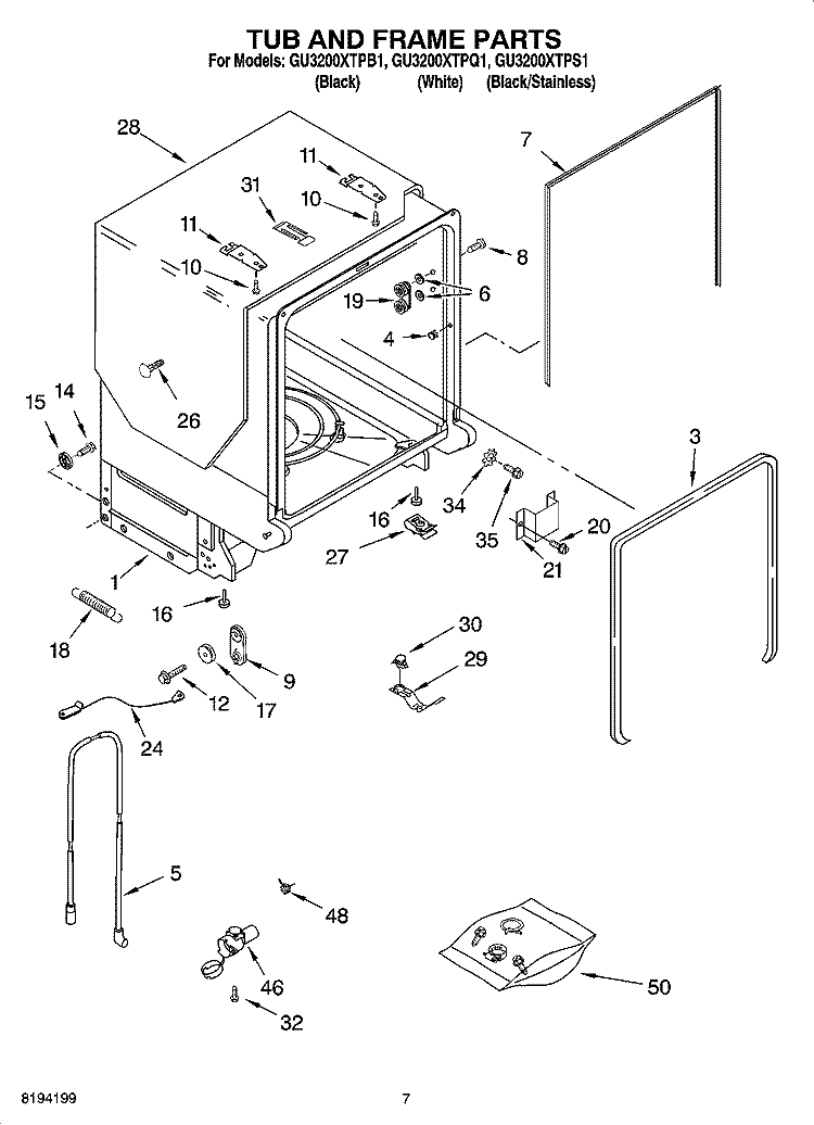 TUB AND FRAME PARTS Diagram and Parts List for GU3200XTPB1  Whirlpool Dishwasher