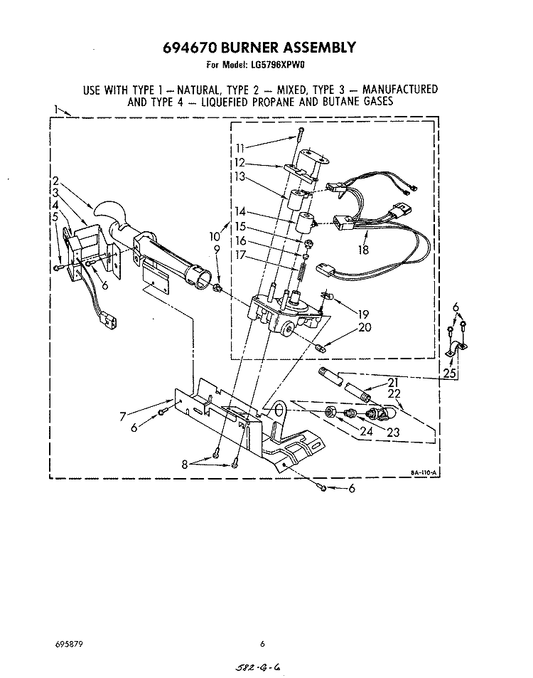 TOP AND CONSOLE , 694670 BURNER Diagram and Parts List for LG5796XPW0  Whirlpool Dryer