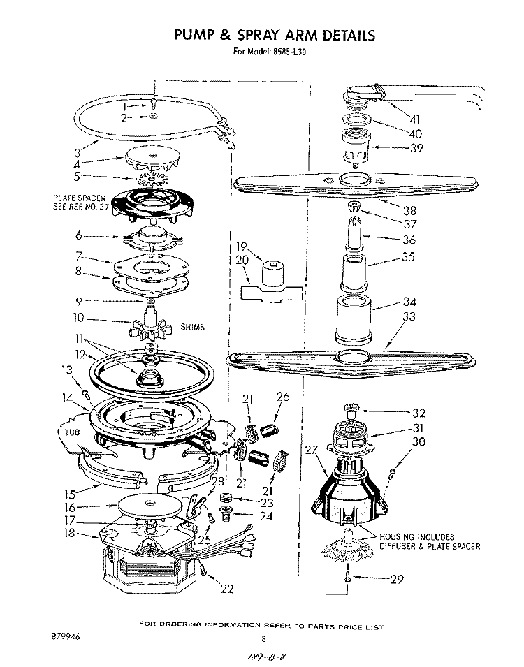 PUMP AND SPRAY ARM Diagram and Parts List for 8585L30  Roper Dishwasher