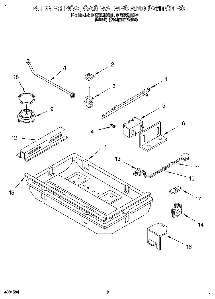 BURNER BOX, GAS VALVES AND SWITCHES Diagram and Parts List for SC8836EBQ1  Whirlpool Cooktop