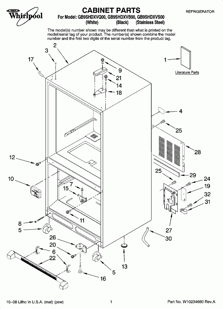 CABINET PARTS Diagram and Parts List for GB9SHDXVB00  Whirlpool Refrigerator