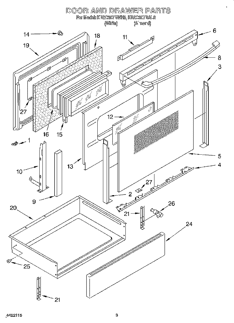 DOOR AND DRAWER Diagram and Parts List for KESC307BAL8  KitchenAid Range