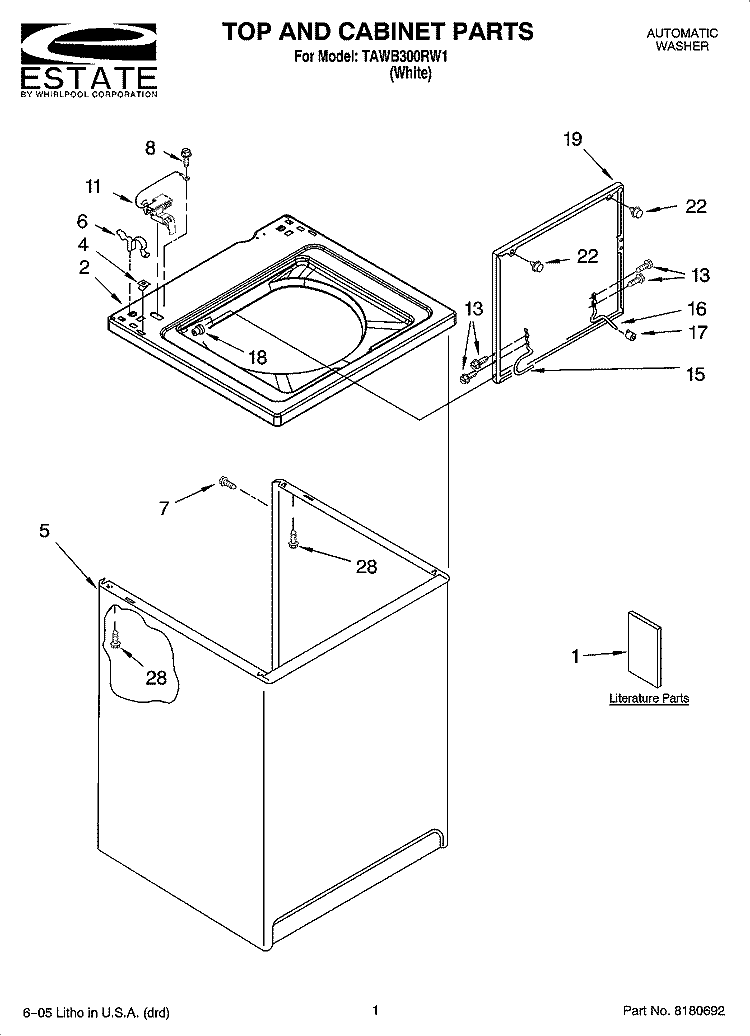 TOP AND CABINET PARTS Diagram and Parts List for TAWB300RW1  Estate Washer
