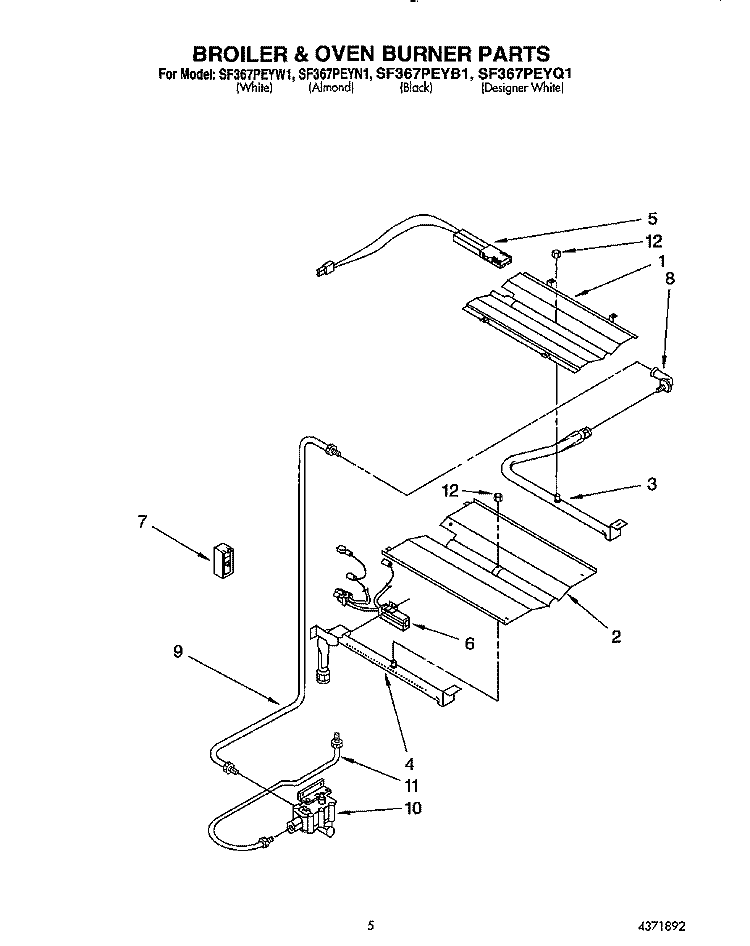 BROILER & OVEN BURNER Diagram and Parts List for SF367PEYB1  Whirlpool Range