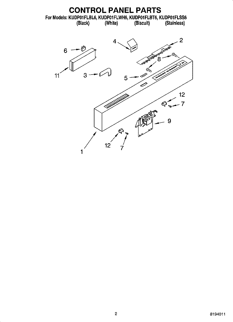 CONTROL PANEL PARTS Diagram and Parts List for KUDP01FLWH6  KitchenAid Dishwasher