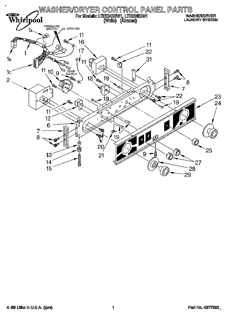 WASHER/DRYER CONTROL PANEL Diagram and Parts List for LTE5243BW1  Whirlpool Washer Dryer Combo