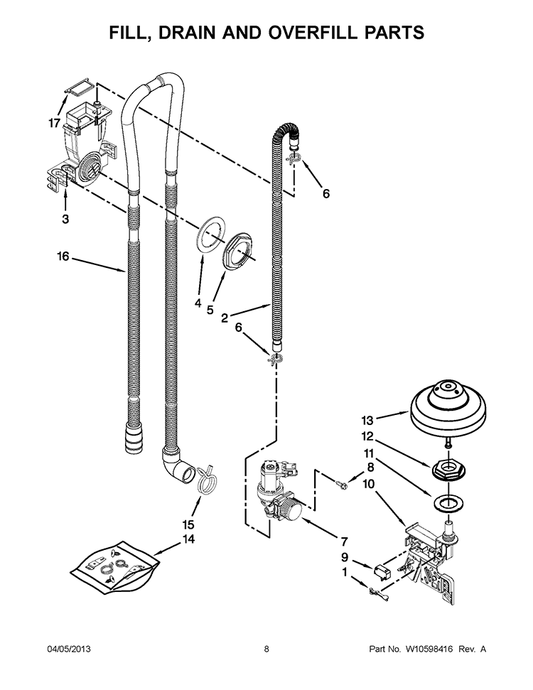 FILL, DRAIN AND OVERFILL PARTS Diagram and Parts List for KUDC10IXBL8  KitchenAid Dishwasher