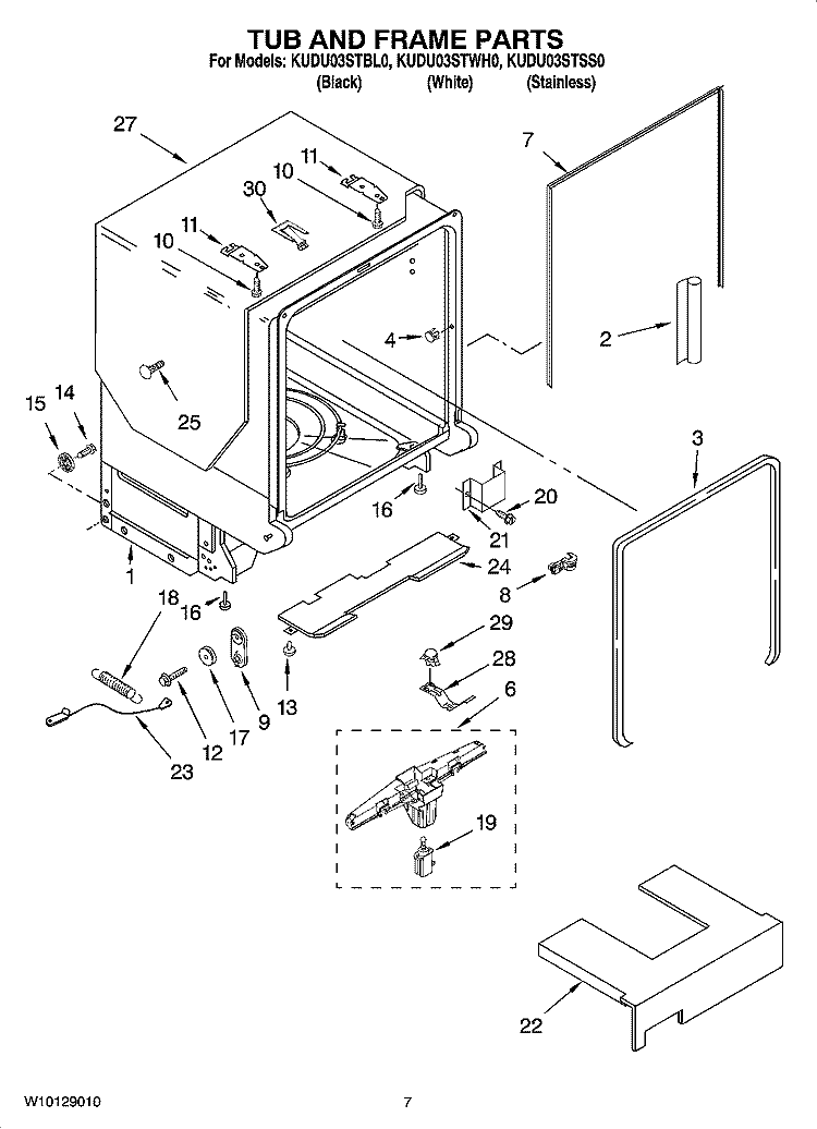 TUB AND FRAME PARTS Diagram and Parts List for KUDU03STBL0  KitchenAid Dishwasher
