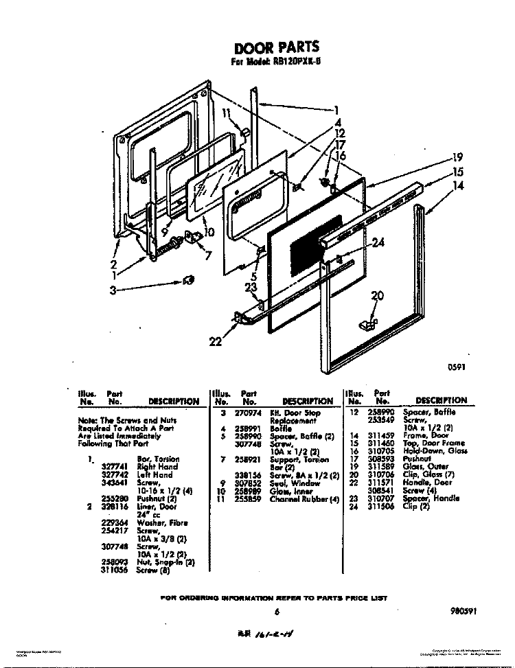 DOOR Diagram and Parts List for RB2200XK0  Whirlpool Wall Oven