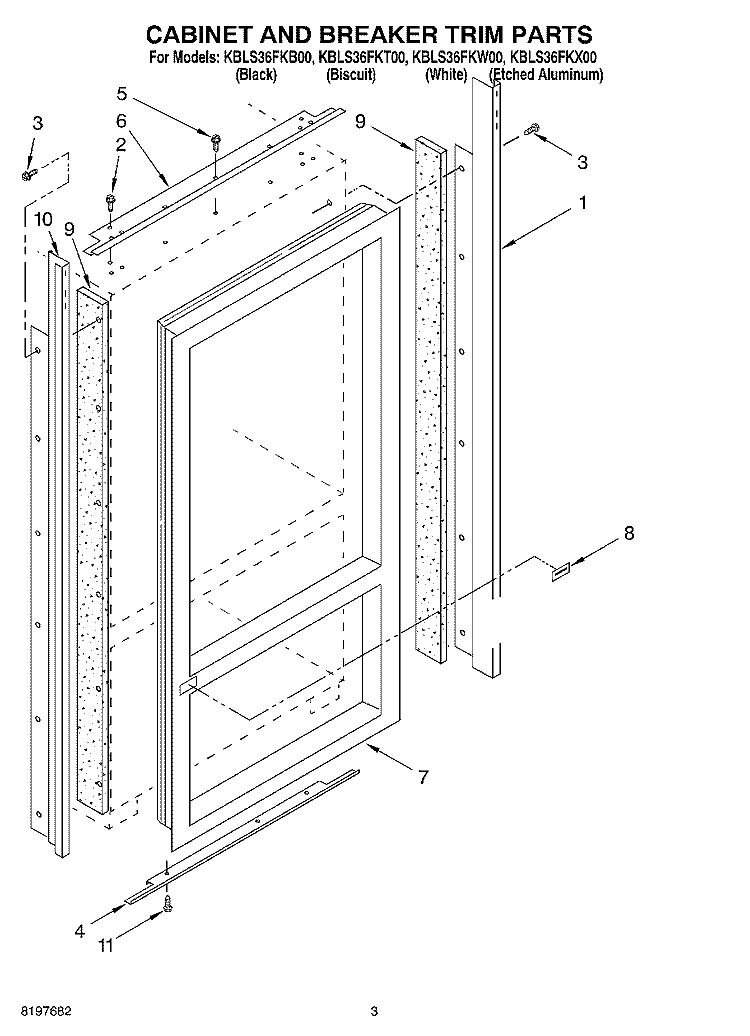 CABINET AND BREAKER TRIM Diagram and Parts List for KBLS36FKW00  KitchenAid Refrigerator