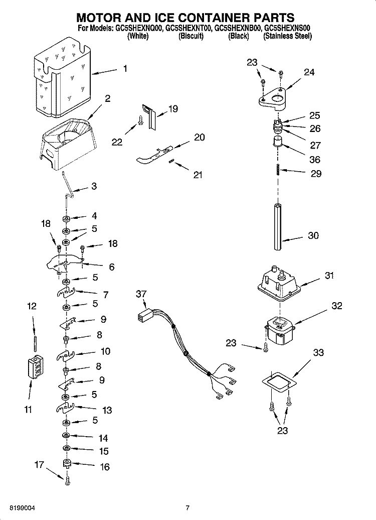 MOTOR AND ICE CONTAINER PARTS Diagram and Parts List for GC5SHEXNT00  Whirlpool Refrigerator