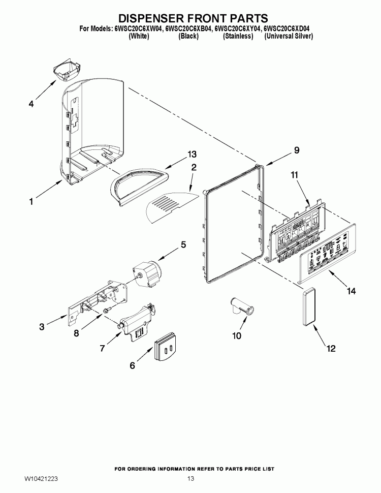 DISPENSER FRONT PARTS Diagram and Parts List for 6WSC20C6XB04  Whirlpool Refrigerator
