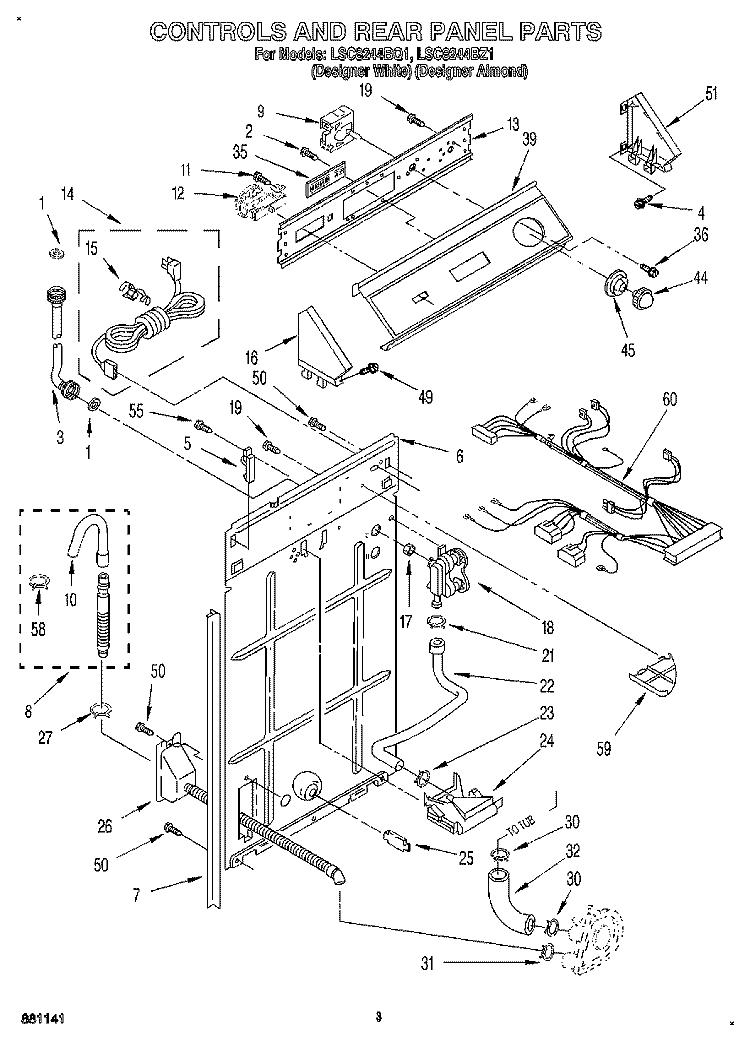 CONTROLS AND REAR PANEL Diagram and Parts List for LSC8244BQ1  Whirlpool Washer