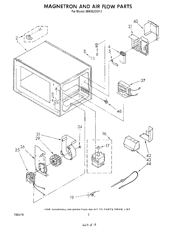 MAGNETRON AND AIR FLOW Diagram and Parts List for MW3520XP2  Whirlpool Microwave