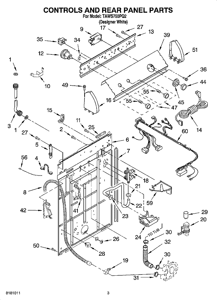 CONTROLS AND REAR PANEL PARTS Diagram and Parts List for TAWS750PQ2  Estate Washer