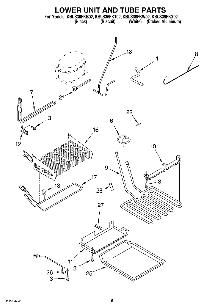 LOWER UNIT AND TUBE PARTS Diagram and Parts List for KBLS36FKB02  KitchenAid Refrigerator