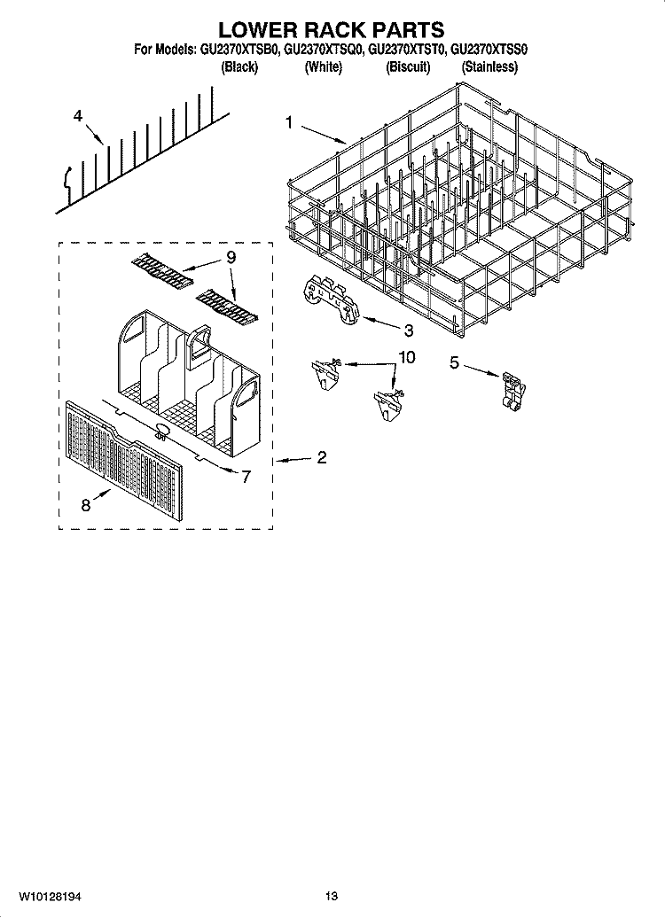 LOWER RACK PARTS, OPTIONAL PARTS (NOT INCLUDED) Diagram and Parts List for GU2370XTST0  Whirlpool Dishwasher