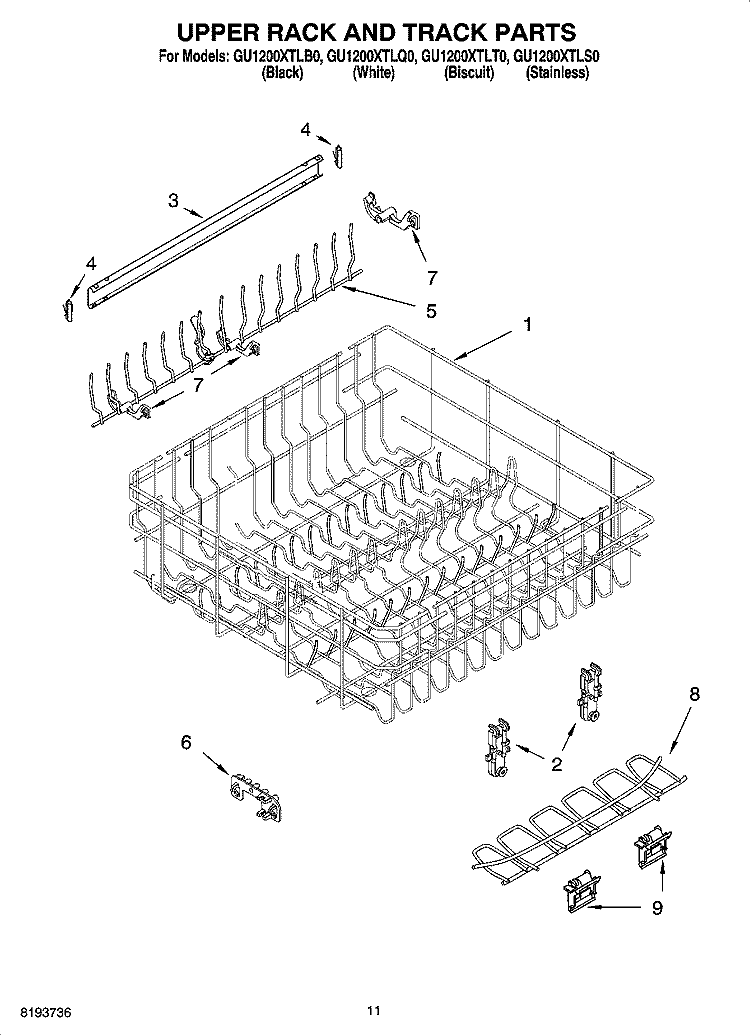 UPPER RACK AND TRACK PARTS Diagram and Parts List for GU1200XTLB0  Whirlpool Dishwasher