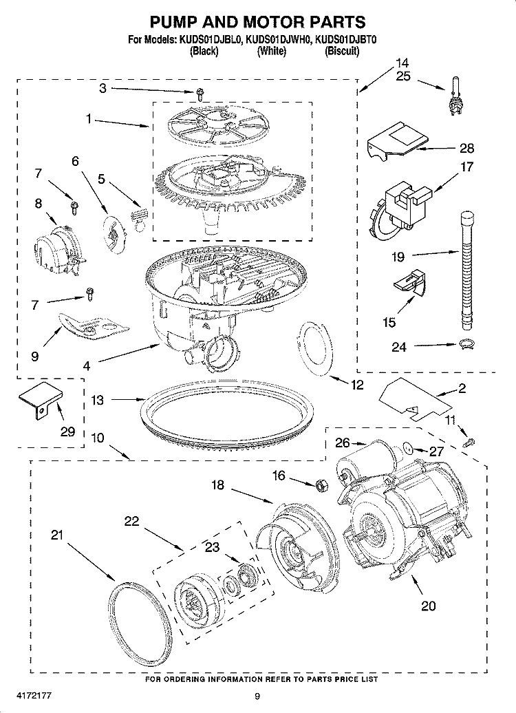 PUMP AND MOTOR PARTS Diagram and Parts List for KUDS01DJBL0  KitchenAid Dishwasher