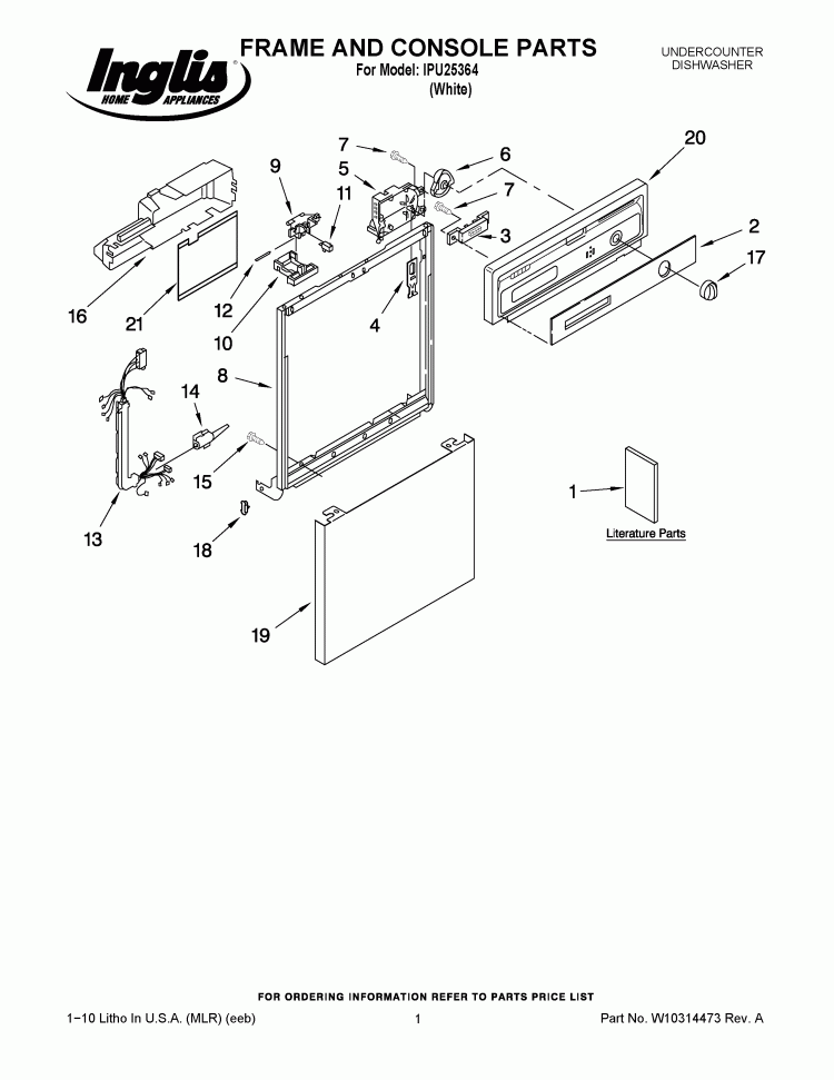 FRAME AND CONSOLE PARTS Diagram and Parts List for IPU25364  Inglis Dishwasher