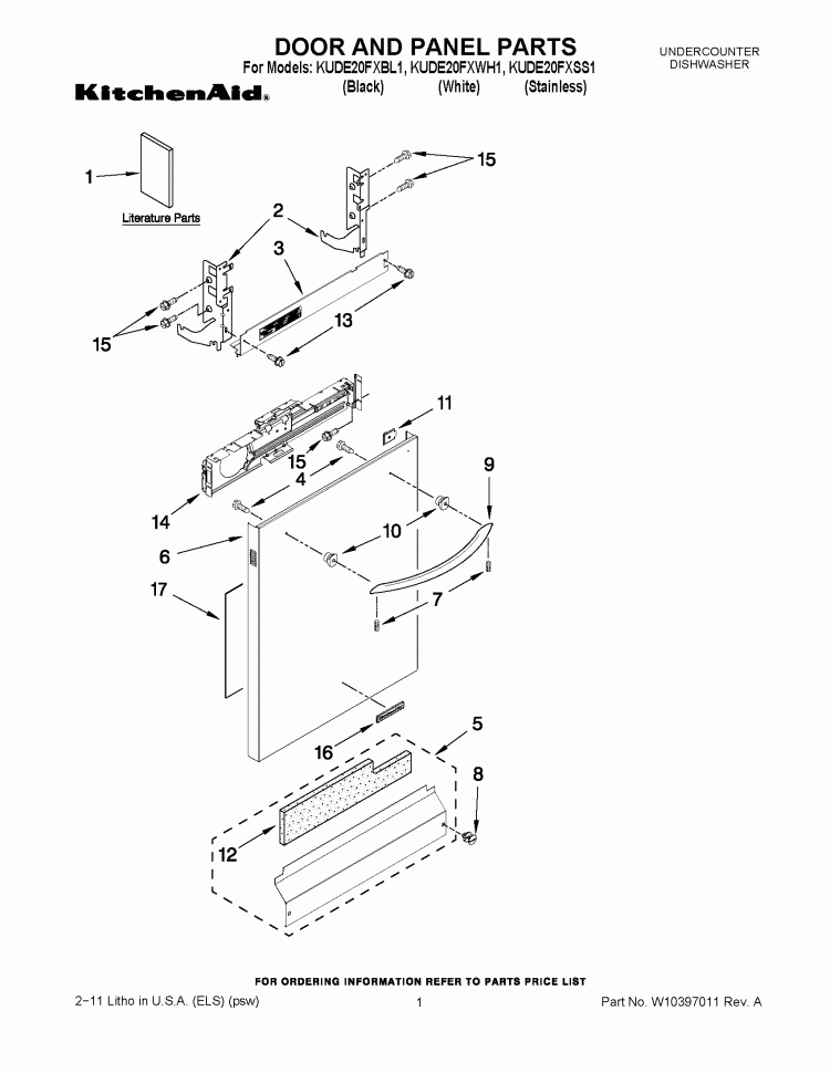 DOOR AND PANEL PARTS Diagram and Parts List for KUDE20FXBL1  KitchenAid Dishwasher