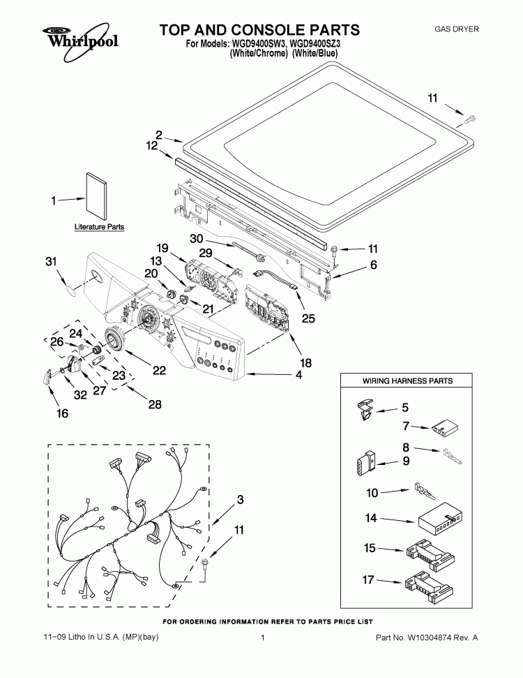 TOP AND CONSOLE PARTS Diagram and Parts List for WGD9400SW3  Whirlpool Dryer