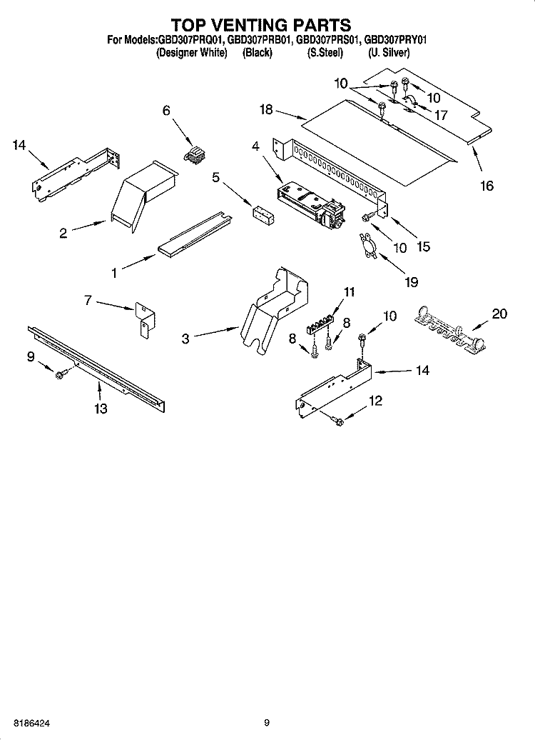 TOP VENTING PARTS, OPTIONAL PARTS Diagram and Parts List for GBD307PRB01  Whirlpool Wall Oven