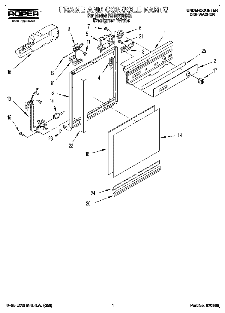 FRAME AND CONSOLE Diagram and Parts List for RUD5750DQ1  Roper Dishwasher