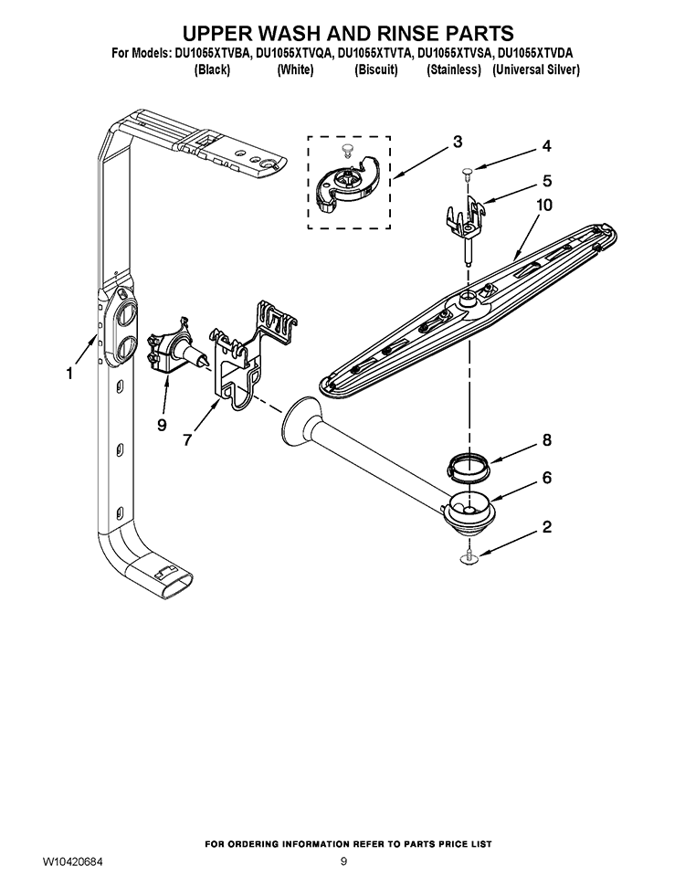 UPPER WASH AND RINSE PARTS Diagram and Parts List for DU1055XTVDA  Whirlpool Dishwasher