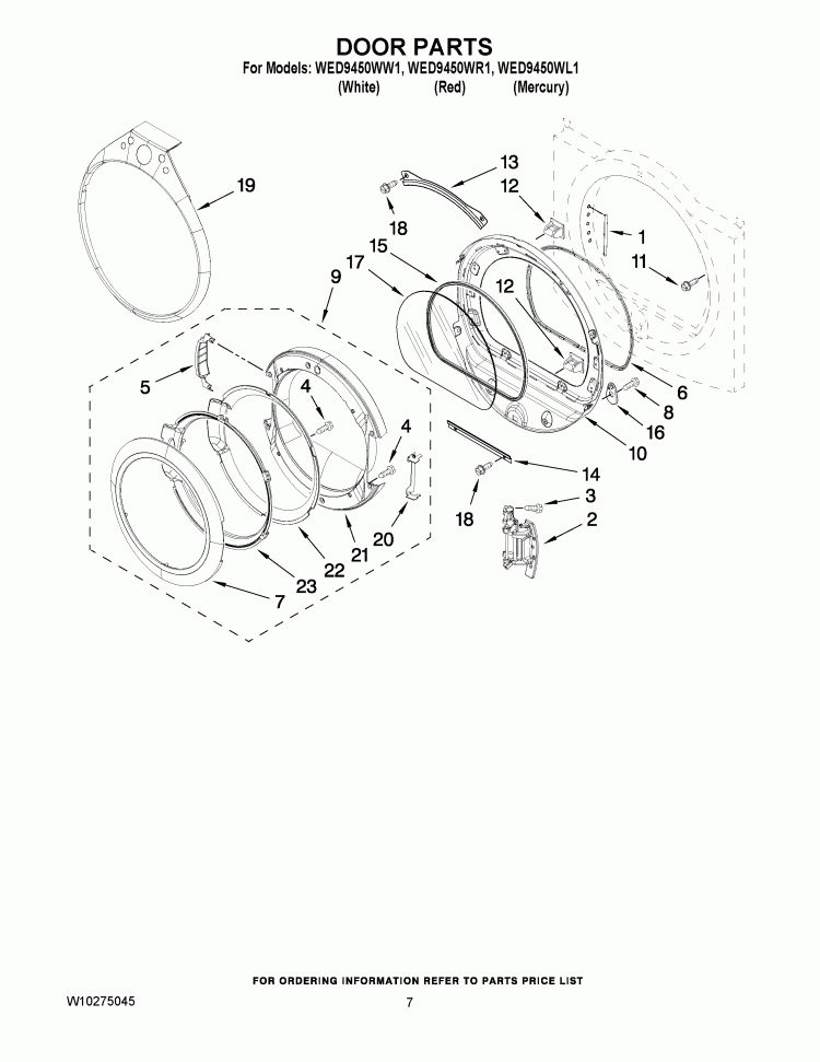 DOOR PARTS Diagram and Parts List for WED9450WL1  Whirlpool Dryer