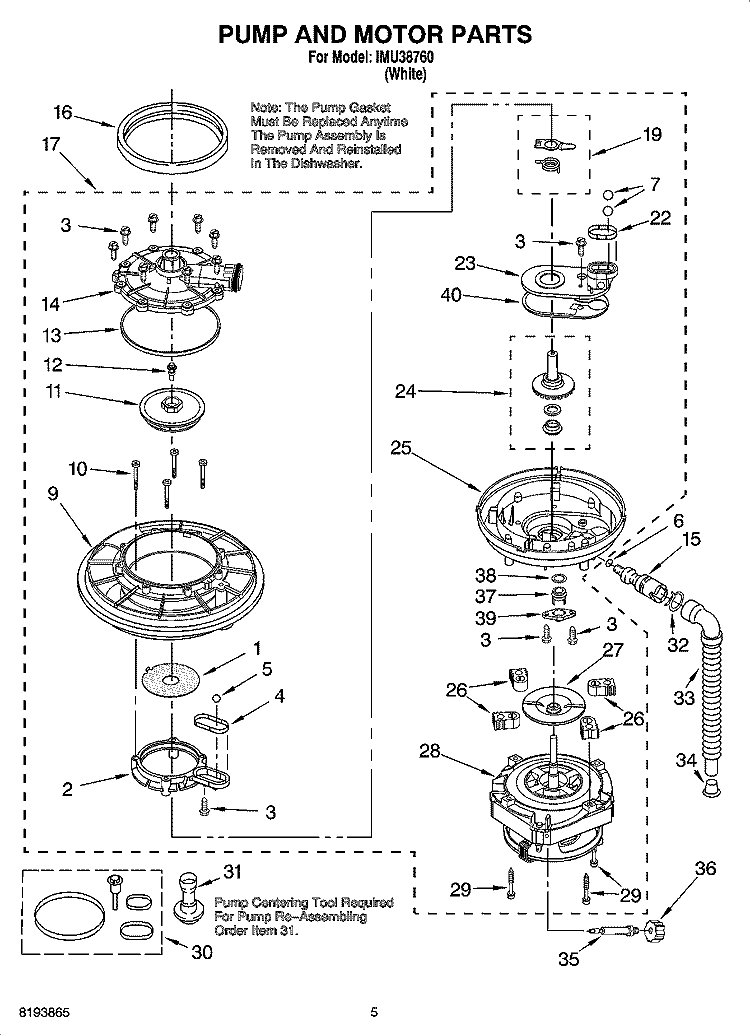 PUMP AND MOTOR PARTS Diagram and Parts List for IMU38760  Inglis Dishwasher