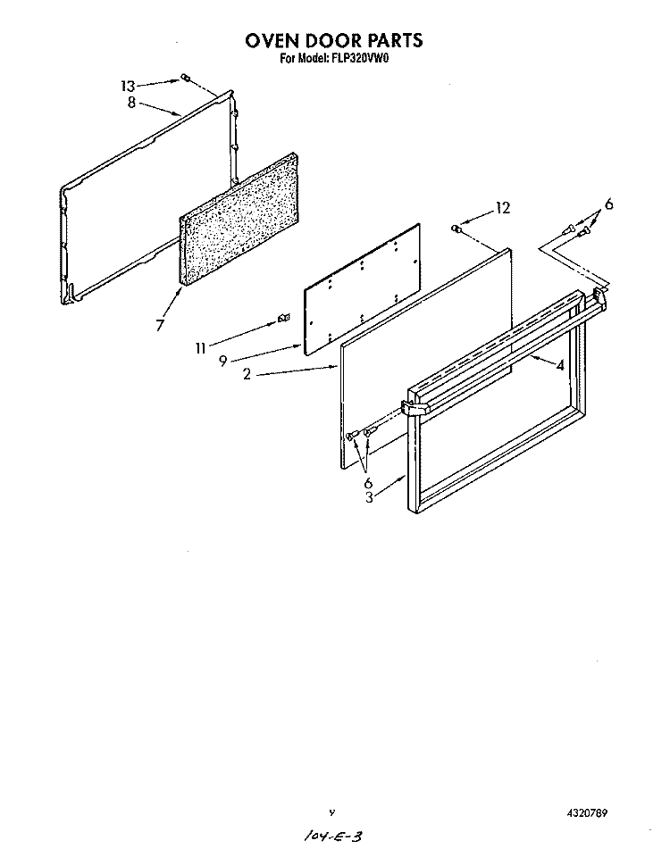 OVEN DOOR Diagram and Parts List for FLP320VW0  Roper Range