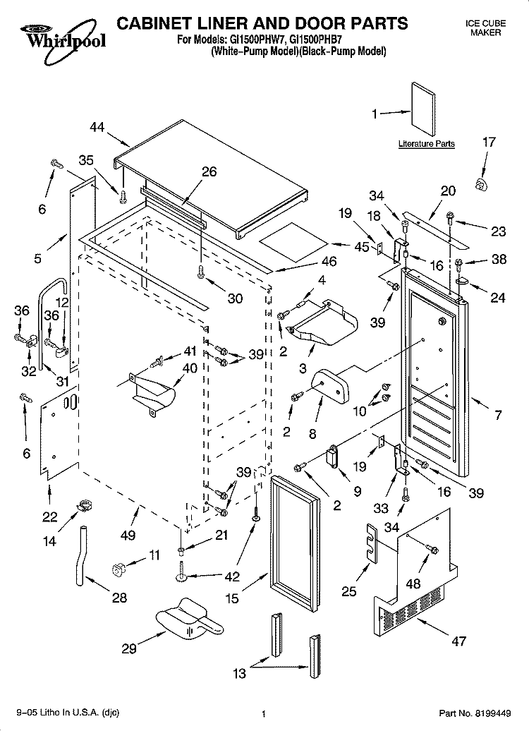 CABINET LINER AND DOOR PARTS Diagram and Parts List for GI1500PHB7  Whirlpool Ice Maker