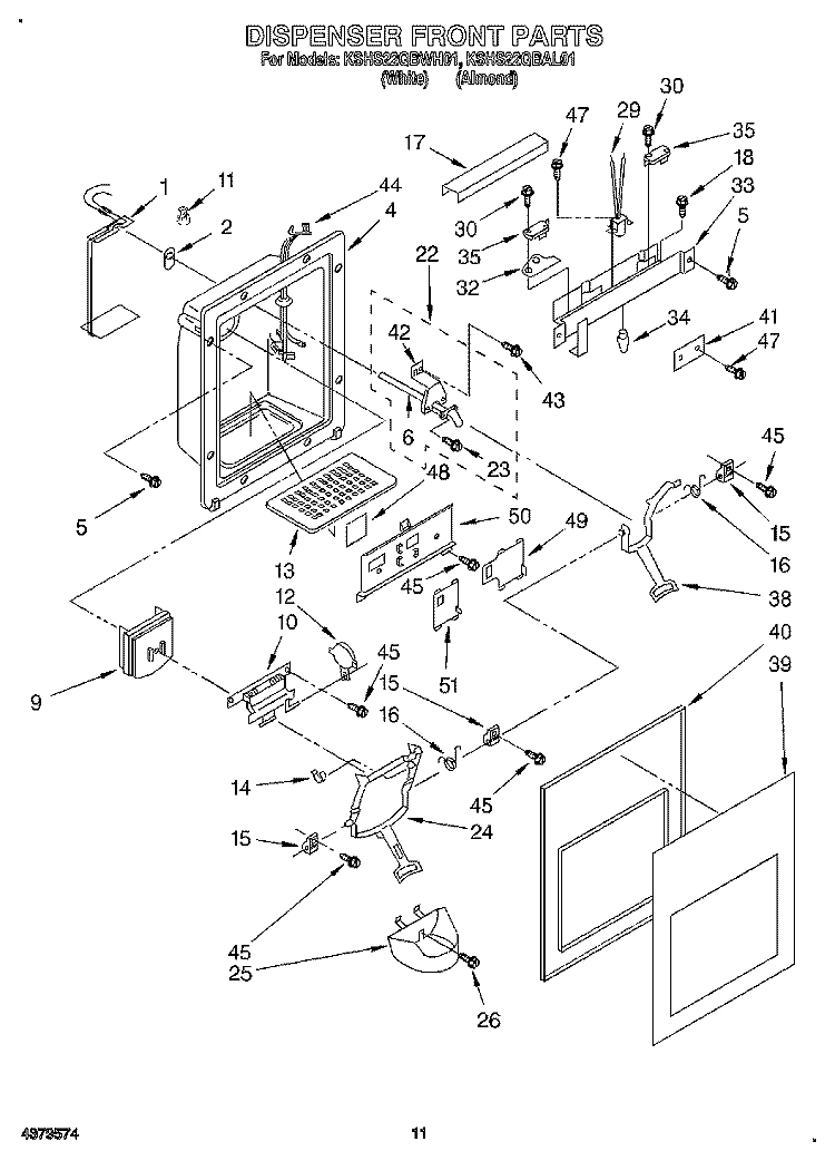 DISPENSER FRONT Diagram and Parts List for KSHS22QBWH01  KitchenAid Refrigerator