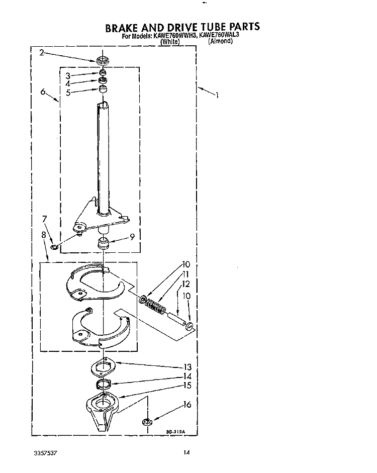 BRAKE AND DRIVE TUBE Diagram and Parts List for KAWE760WWH3  KitchenAid Washer