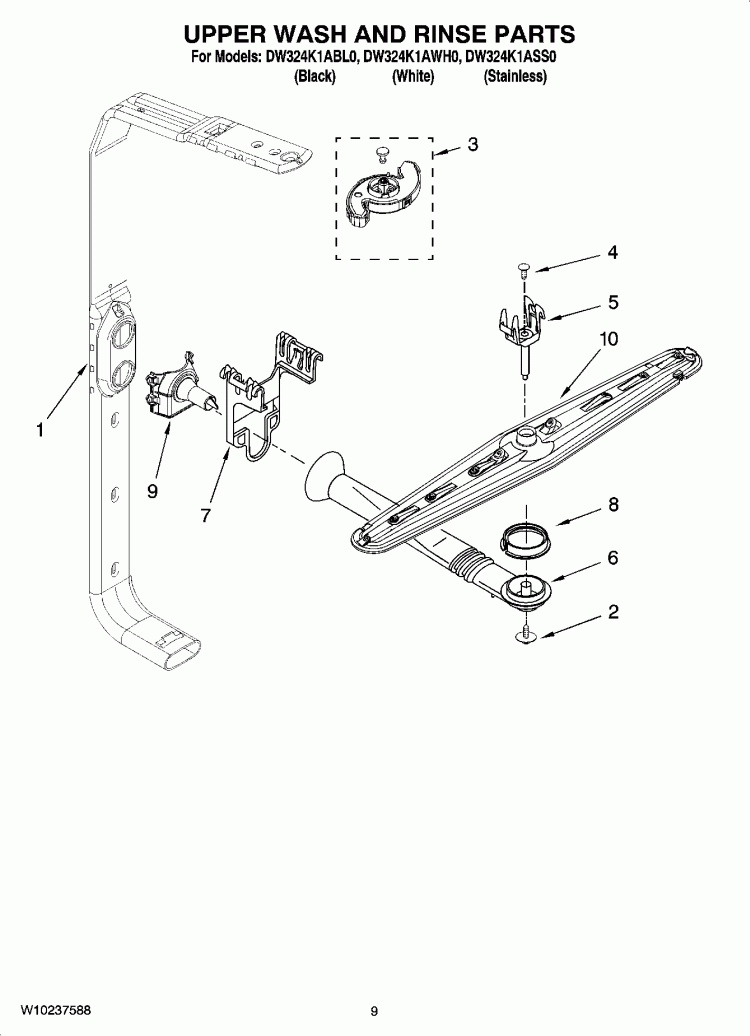 UPPER WASH AND RINSE PARTS Diagram and Parts List for DW324K1ABL0  Whirlpool Dishwasher