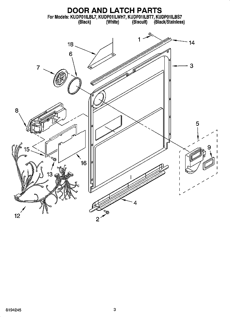 DOOR AND LATCH PARTS Diagram and Parts List for KUDP01ILBT7  KitchenAid Dishwasher