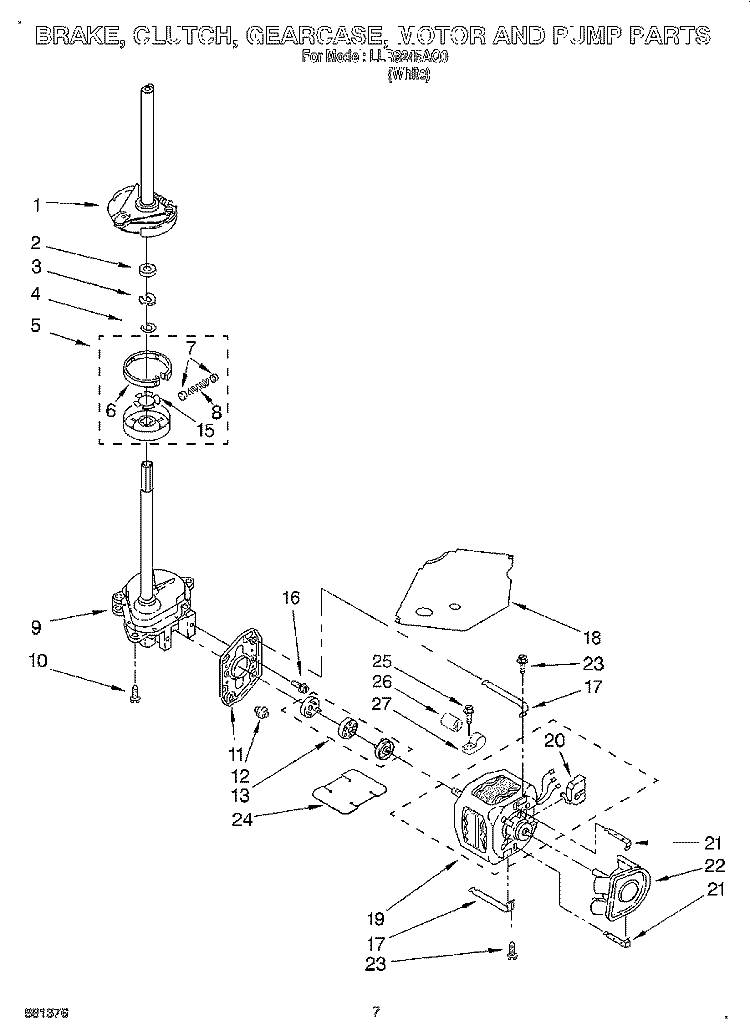 BRAKE, CLUTCH, GEARCASE, MOTOR AND PUMP Diagram and Parts List for LLR9245AQ0  Whirlpool Washer