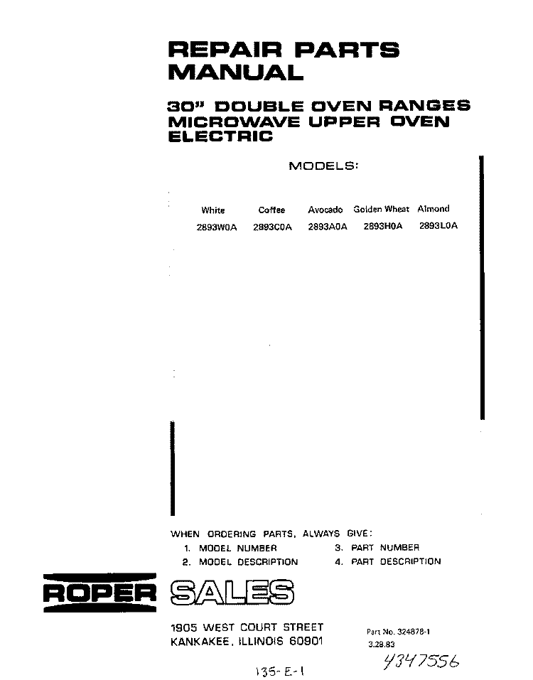 MAIN TOP Diagram and Parts List for 2893W0A  Roper Range