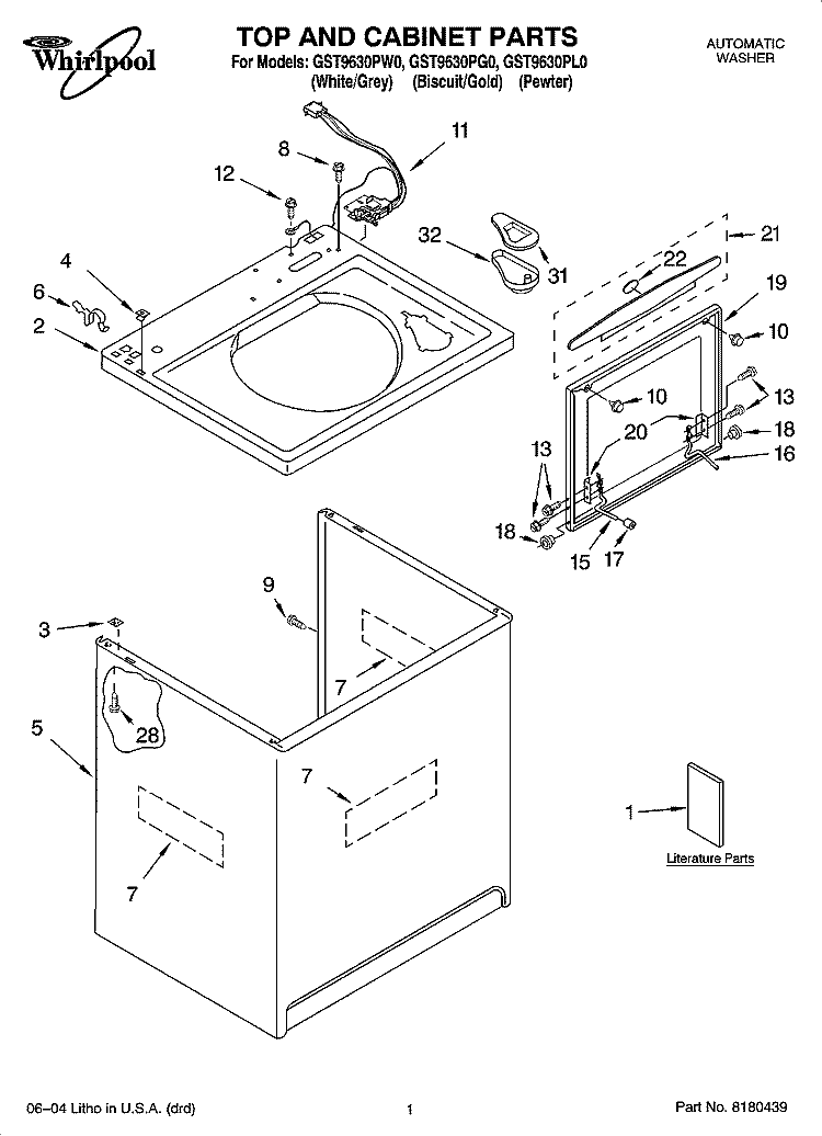 TOP AND CABINET PARTS Diagram and Parts List for GST9630PW0  Whirlpool Washer