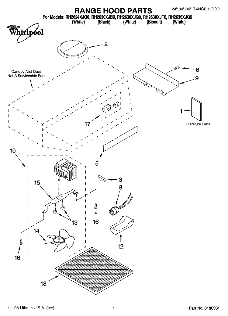 RANGE HOOD PARTS Diagram and Parts List for RH2630XJB0  Whirlpool Range Hood