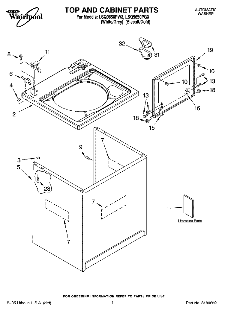 TOP AND CABINET PARTS Diagram and Parts List for LSQ9650PG3  Whirlpool Washer