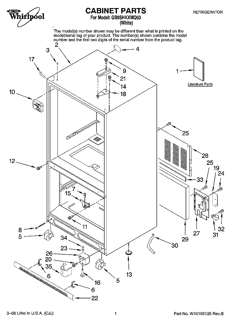 CABINET PARTS Diagram and Parts List for GB9SHKXMQ03  Whirlpool Refrigerator