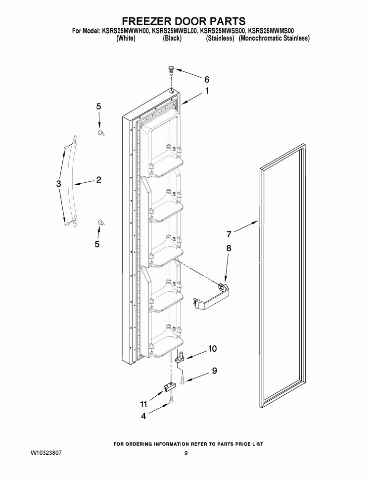 FREEZER DOOR PARTS Diagram and Parts List for KSRS25MWWH00  KitchenAid Refrigerator