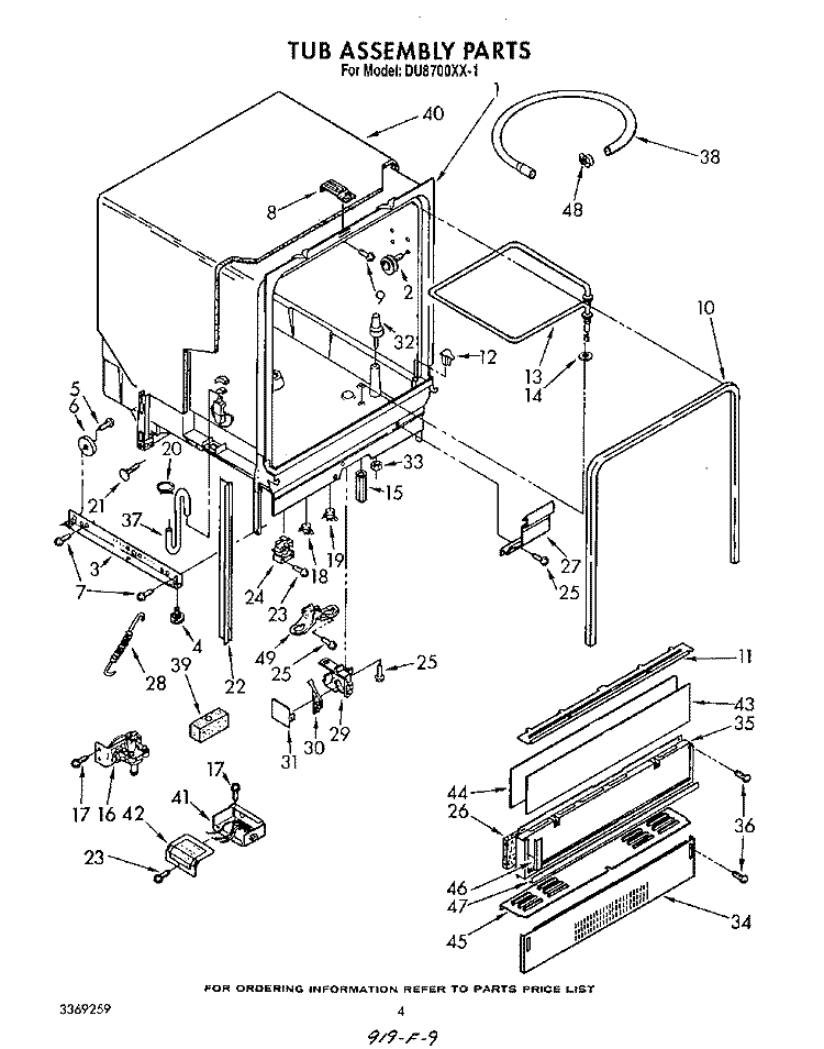 TUB Diagram and Parts List for DU8700XX1  Whirlpool Dishwasher