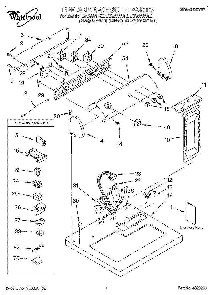 TOP AND CONSOLE, LIT/OPTIONAL Diagram and Parts List for LGQ8858JQ2  Whirlpool Dryer